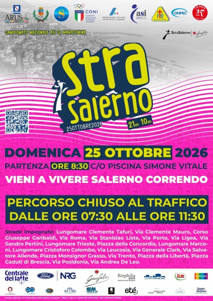 StraSalerno 2026: Modifiche alla viabilità e limitazioni alle aree di sosta per domenica 25 ottobre 2026